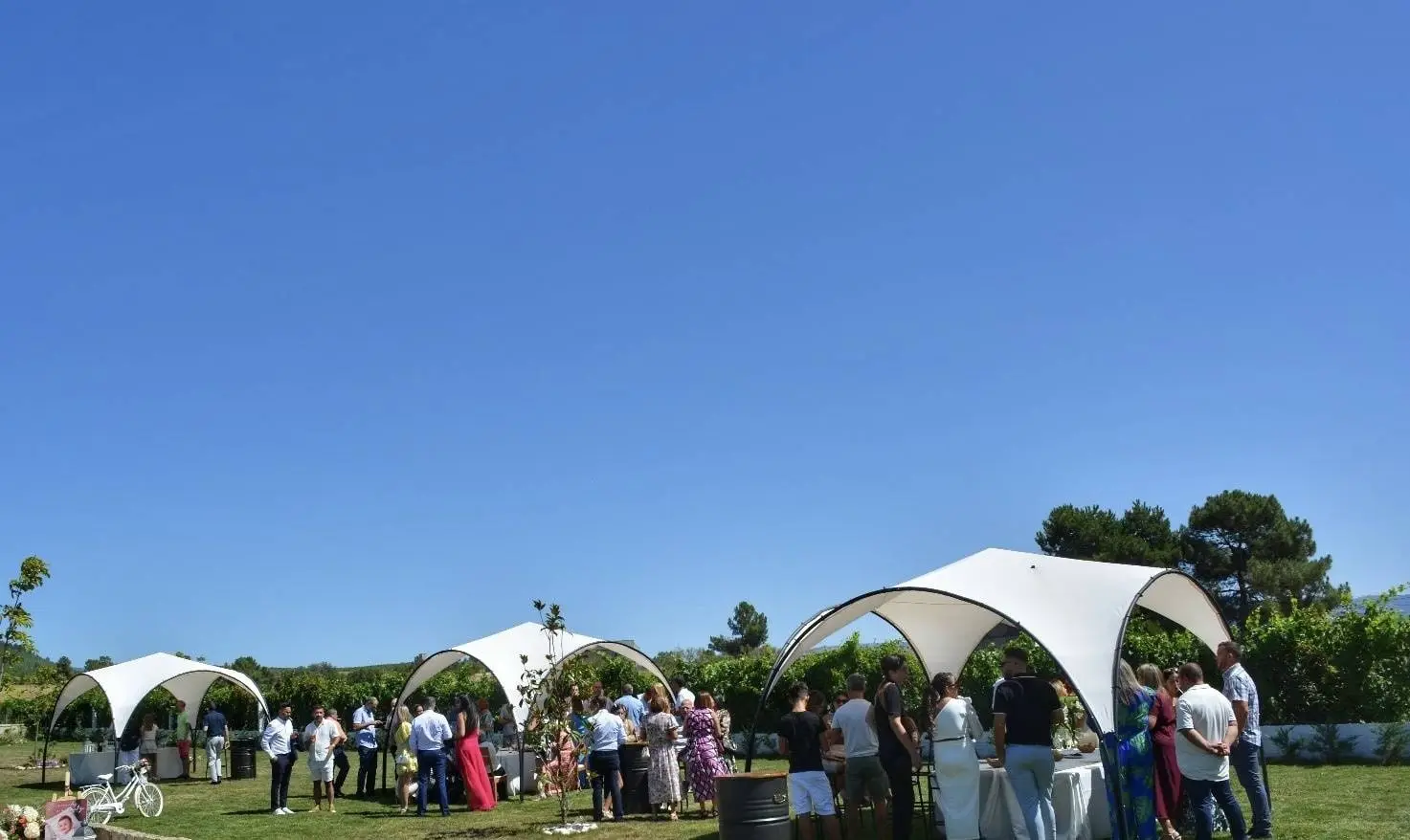 Invitados de aperitivo bajo los toldos blancos, en el césped del jardín, bajo un cielo azul